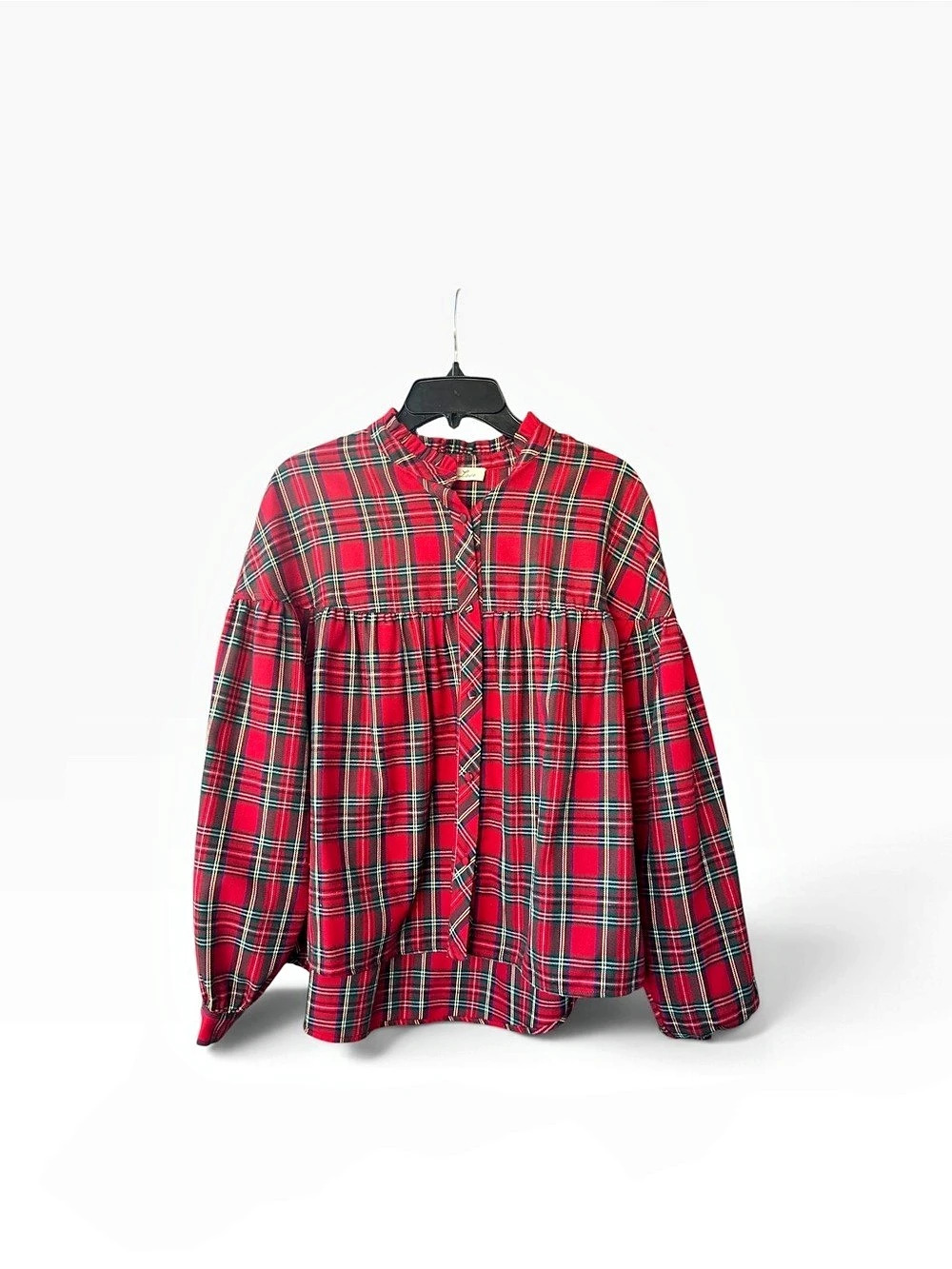 Women’s Festive Balloon Sleeve Red Plaid Button Up Blouse